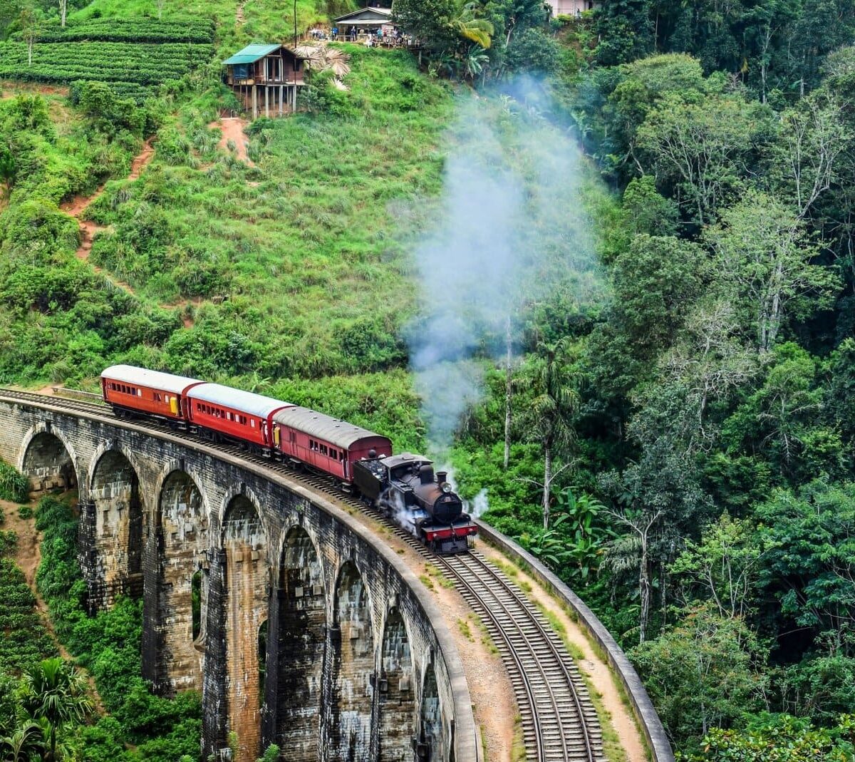 Ella - Sri Lanka. Pociąg wędruje malowniczymi, zielonymi górami przez las tropikalny z klasycznymi, czerwonymi wagonami i historycznym tunelem.