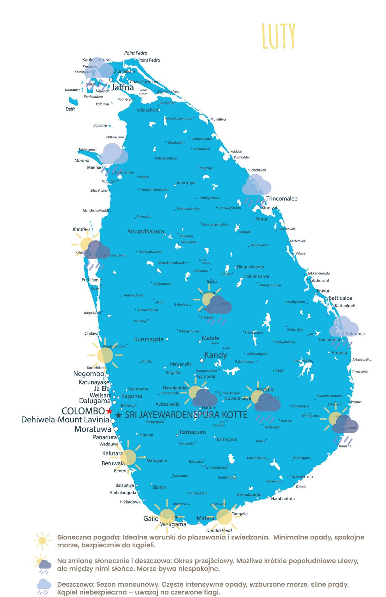 Mapa pogody Sri Lanka luty - idealny czas na zachodnie i południowe wybrzeże
