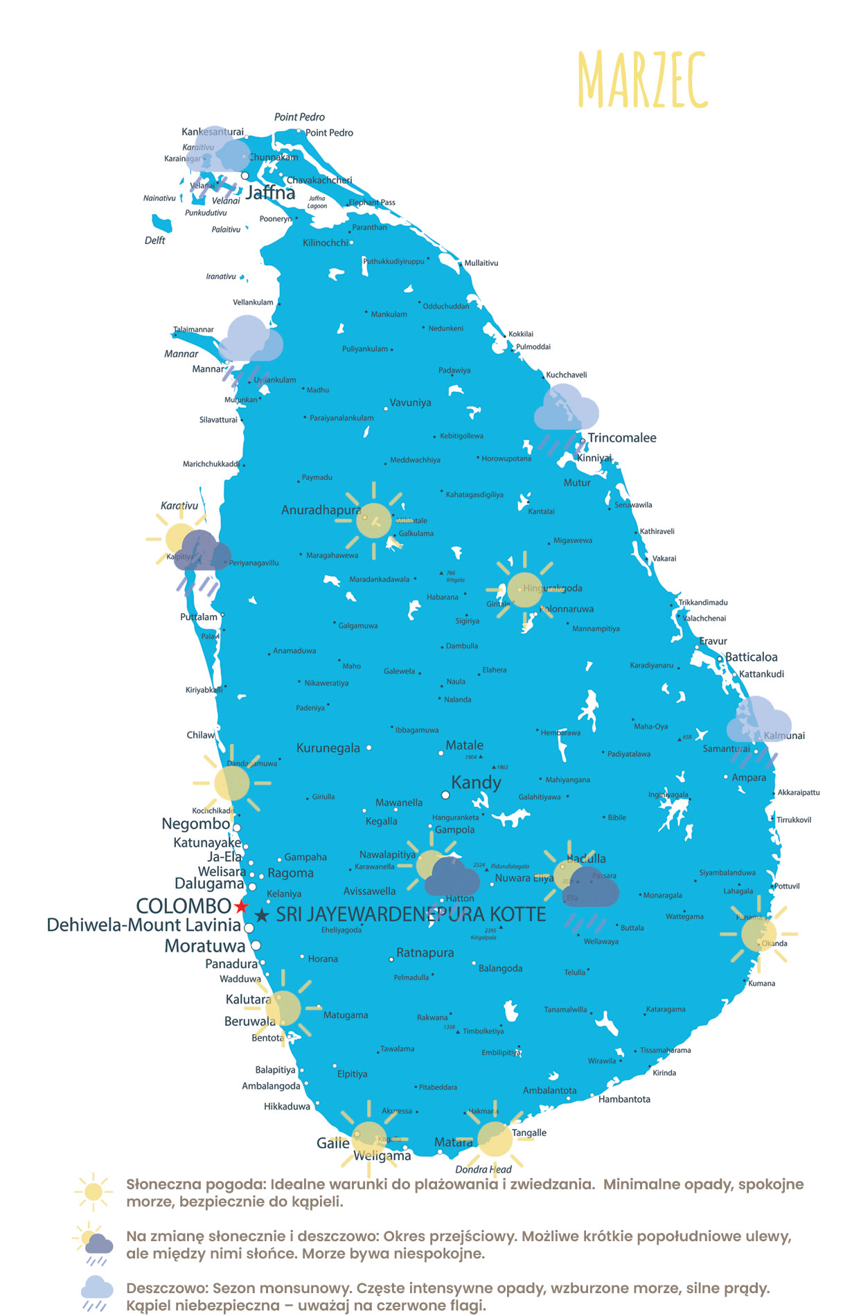 Mapa pogody Sri Lanka marzec - ostatni miesiąc sezonu na zachodzie, wschód się budzi