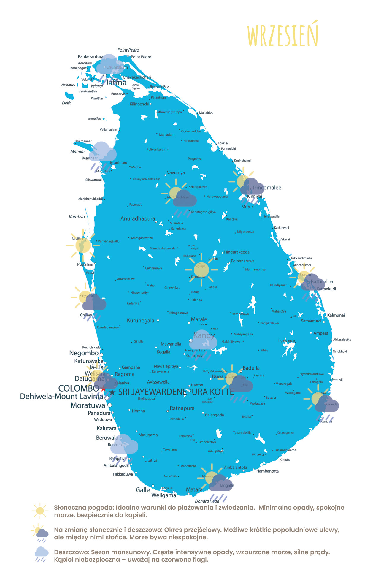 Mapa pogody Sri Lanka wrzesień - okres przejściowy na całej wyspie