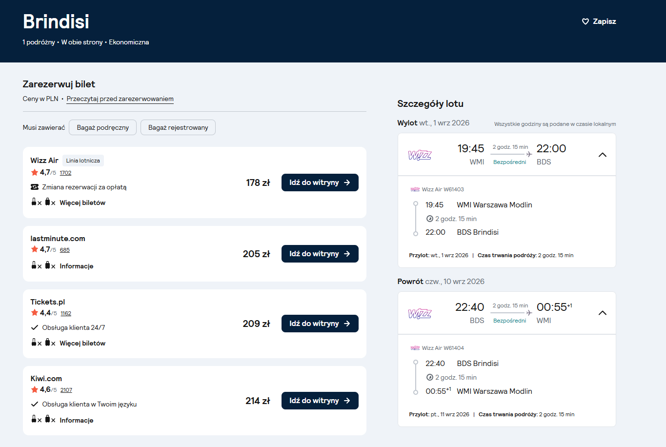 Wyszukiwarka Skyscanner z ceną 178 zł za bezpośredni przelot Warszawa Modlin do Brindisi liniami Wizz Air, wylot 1 września 2026
