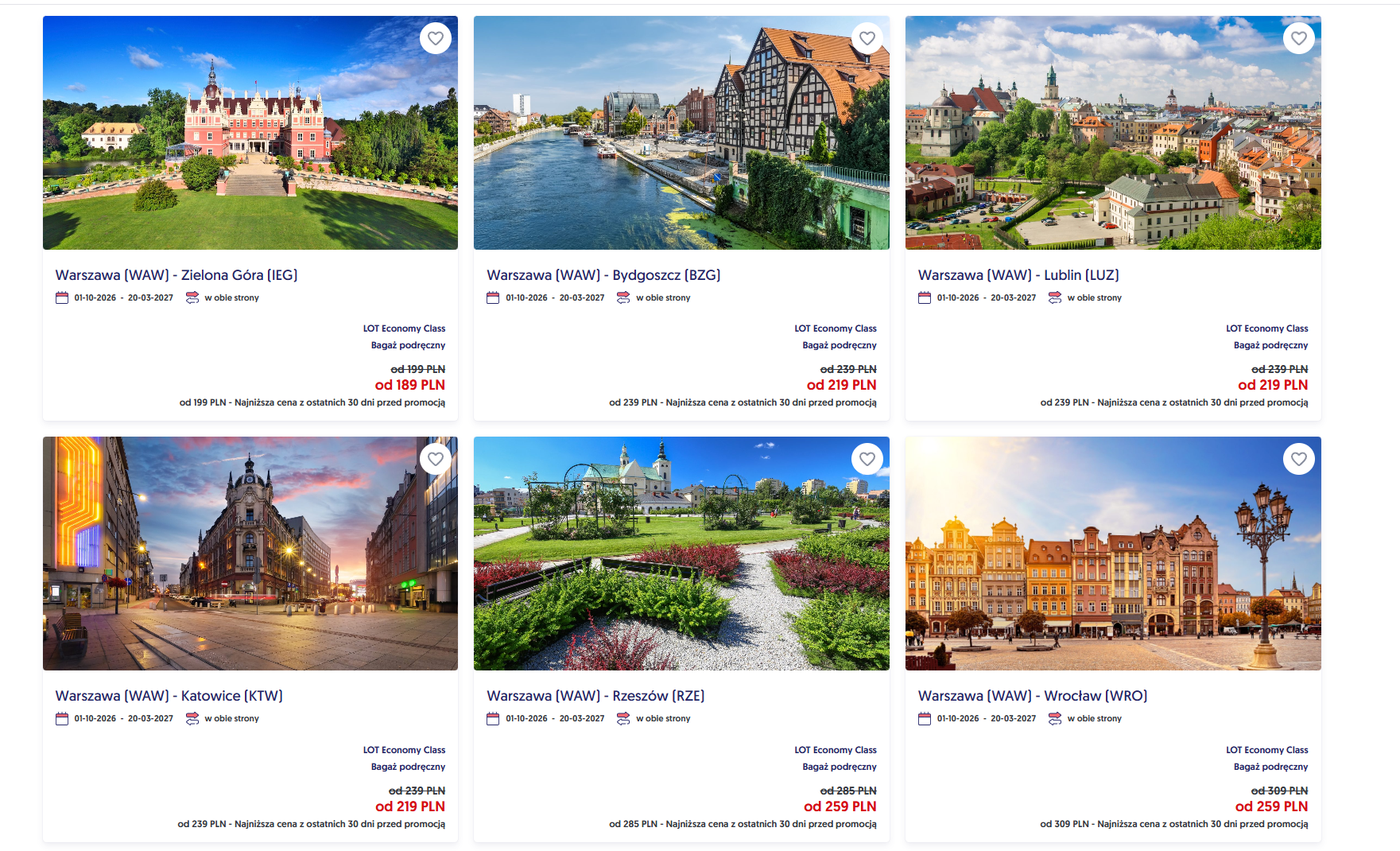 Oferty Szalonej Środy LOT z cenami za loty krajowe w obie strony z Warszawy do Zielonej Góry, Bydgoszczy, Lublina, Katowic, Rzeszowa i Wrocławia