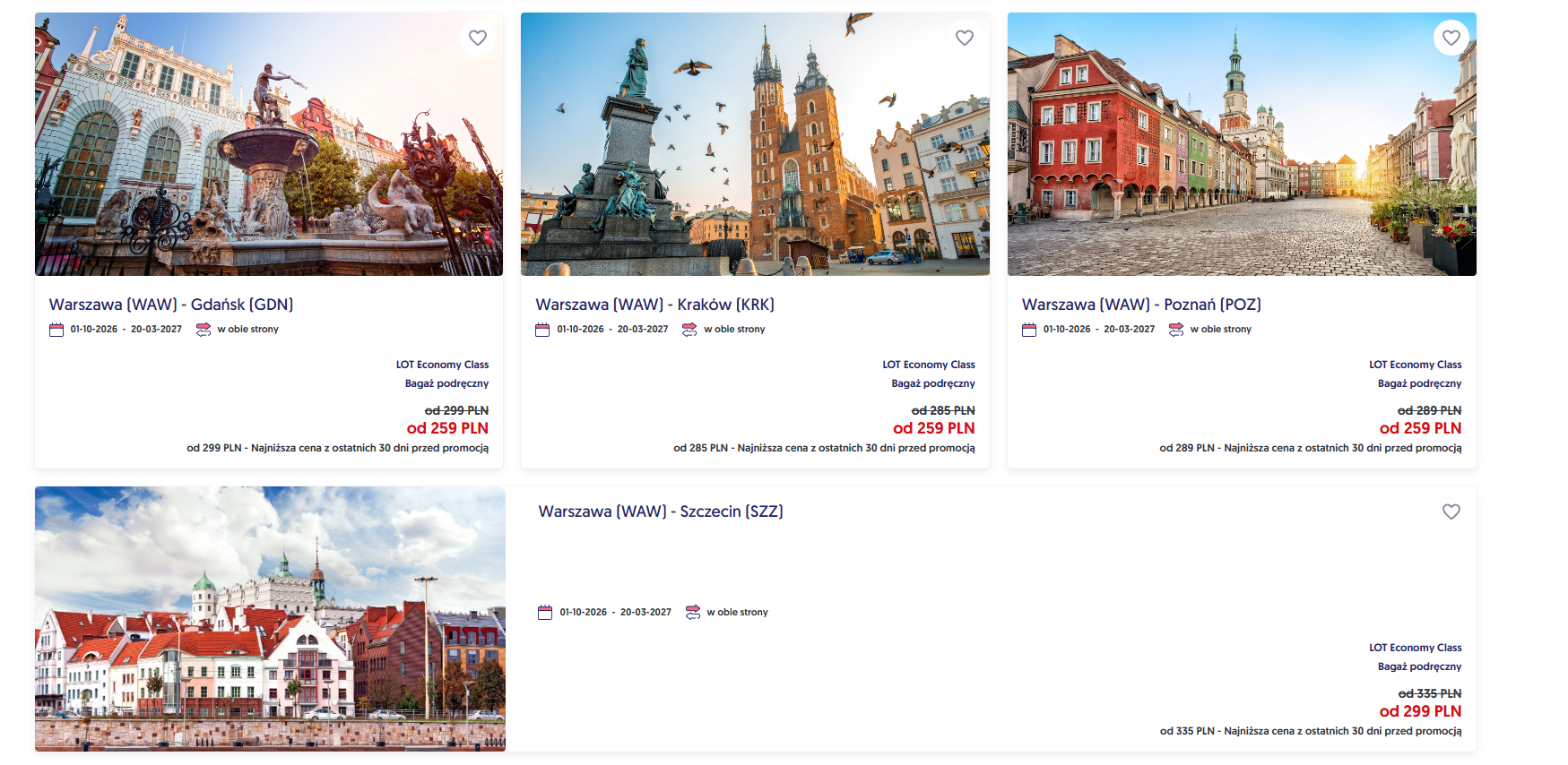 Dalsze oferty Szalonej Środy LOT z cenami za loty w obie strony z Warszawy do Gdańska, Krakowa, Poznania i Szczecina