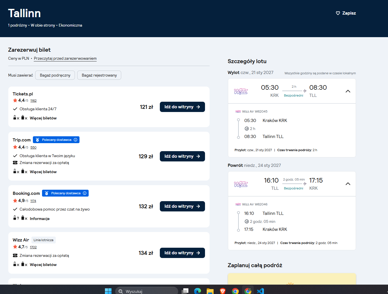 Wyszukiwarka Skyscanner z ceną 121 zł za bezpośredni przelot Kraków do Tallinna liniami Wizz Air, wylot 21 stycznia 2027