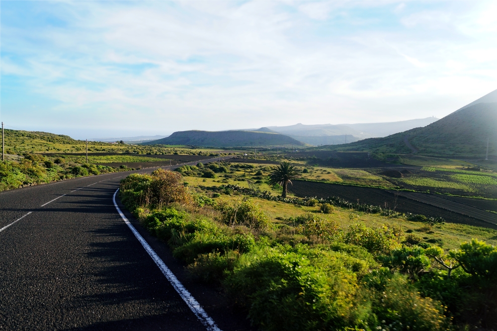Pusta droga przez bezdrzewną równinę z niskimi krzewami na Lanzarote