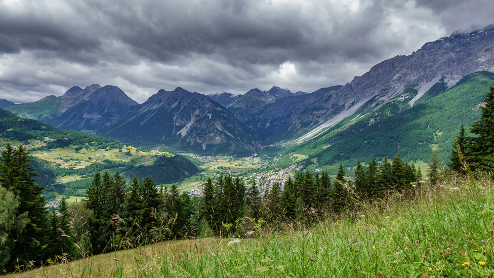 Widok z łąki na Bormio w dolinie między szczytami, latem