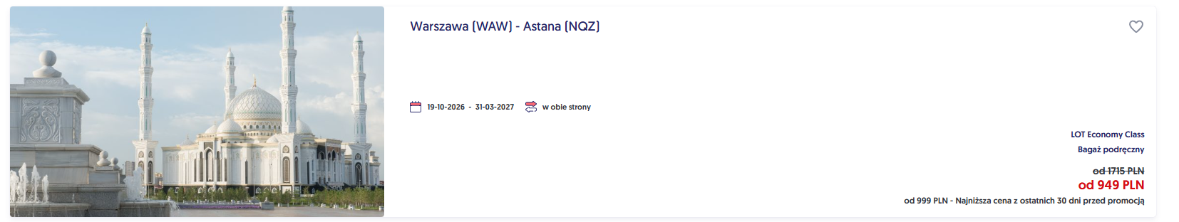 Oferta promocyjna LOT-u na trasie Warszawa do Astany w obie strony od 949 zł zamiast 1715 zł, promocja Szalona Środa z 16 września 2026