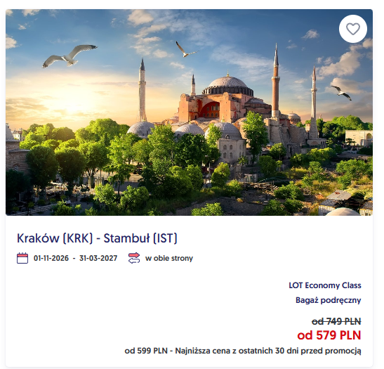 Oferta promocyjna LOT-u na trasie Kraków do Stambułu w obie strony od 579 zł zamiast 749 zł, promocja Szalona Środa z 16 września 2026