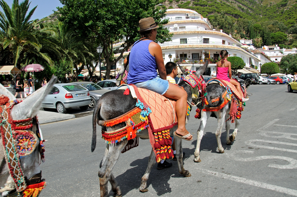 Burro-taxi w Mijas Pueblo, turyści na osiołkach w kolorowych czaprakach na ulicy