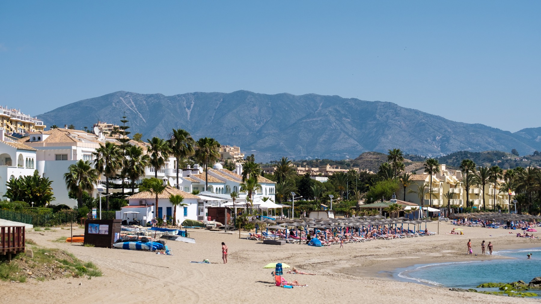 Plaża La Cala de Mijas, leżaki i parasole pod palmami, w tle pasmo Sierra de Mijas