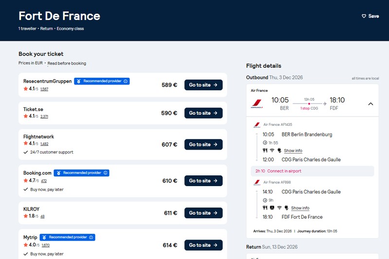 Wyniki Skyscannera dla lotu Air France z Berlina na Martynikę przez Paryż, od 589 EUR za osobę, 3 do 13 grudnia 2026