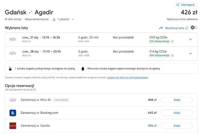 Google Flights: Wizz Air z Gdańska do Agadiru bez przesiadki, 21 do 28 stycznia 2027, od 426 zł w dwie strony
