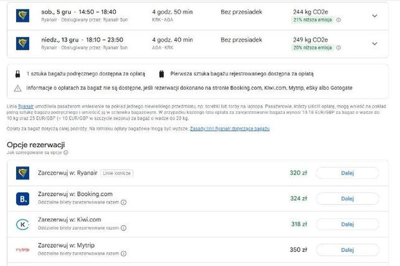 Google Flights: Ryanair z Krakowa do Agadiru bez przesiadki, 5 do 13 grudnia 2026, od 318 zł w dwie strony