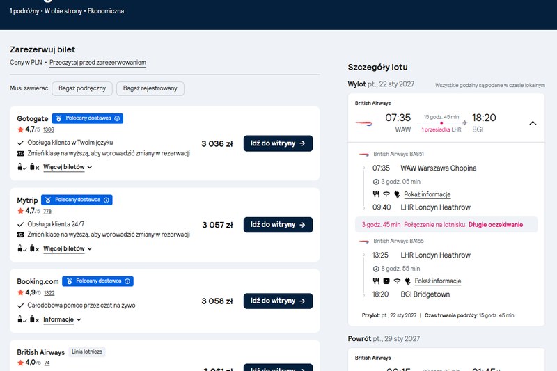 British Airways Warszawa do Bridgetown na Barbadosie przez Londyn-Heathrow, 22 do 29 stycznia 2027, od 3 036 zł w dwie strony
