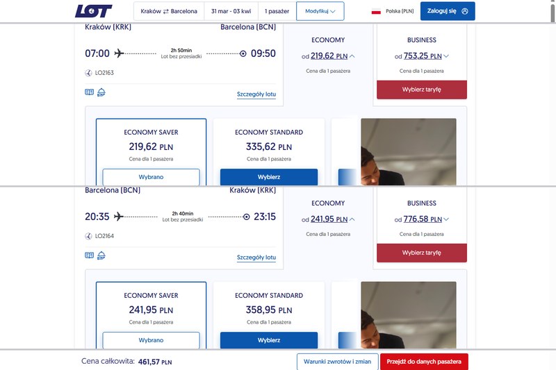 LOT z Krakowa do Barcelony, LO2163 31 marca i LO2164 3 kwietnia 2027, Economy Saver, 461,57 zł w dwie strony