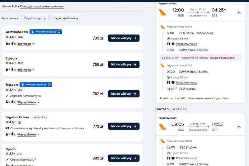 Skyscanner: Pegasus z Berlina do Biszkeku przez Stambuł, 10 do 24 lutego 2027, od 739 zł w dwie strony