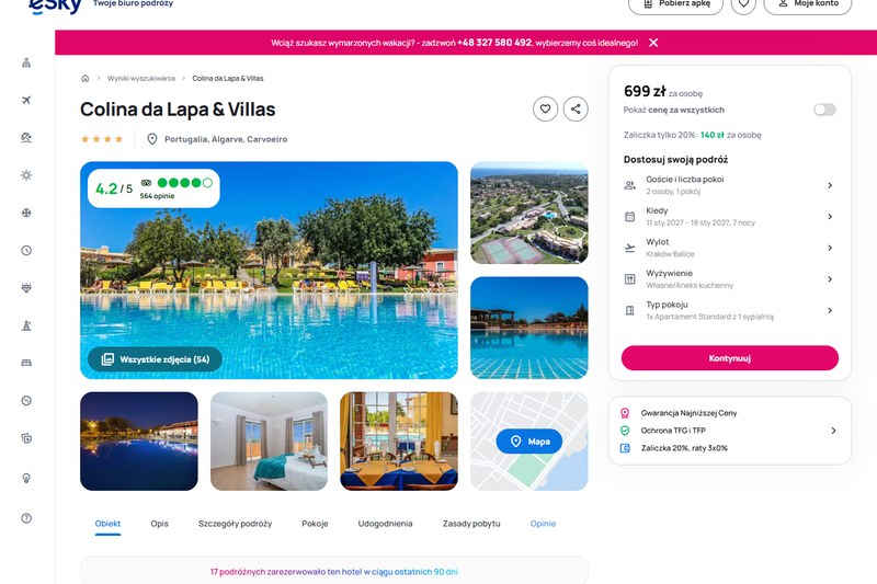 eSky, Ryanair Kraków do Faro 11 i 18 stycznia 2027, Colina da Lapa & Villas, ocena 4,2 na 5, 699 zł za osobę