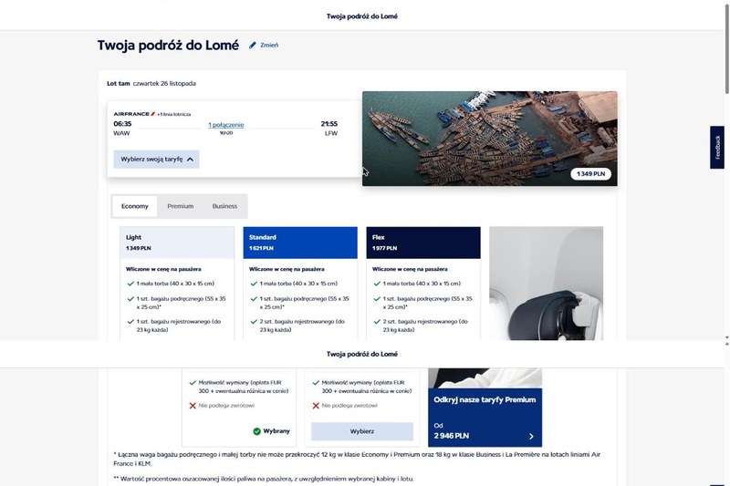 Air France Warszawa do Lomé przez Paryż, AF 1247 i AF 860 26 listopada, AF 861 i AF 1146 2 grudnia, 2740 zł w dwie strony