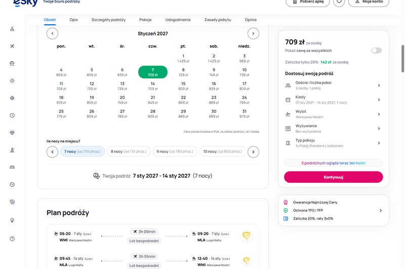 eSky, Pebbles Resort w St Paul’s Bay, Ryanair FR 4055 z Modlina 7 i FR 4056 14 stycznia 2027, 709 zł za osobę