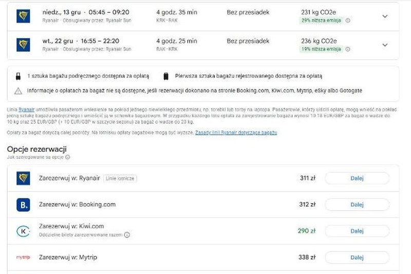 Google Flights: Ryanair z Krakowa do Marakeszu bez przesiadki, 13 do 22 grudnia 2026, od 290 zł w dwie strony