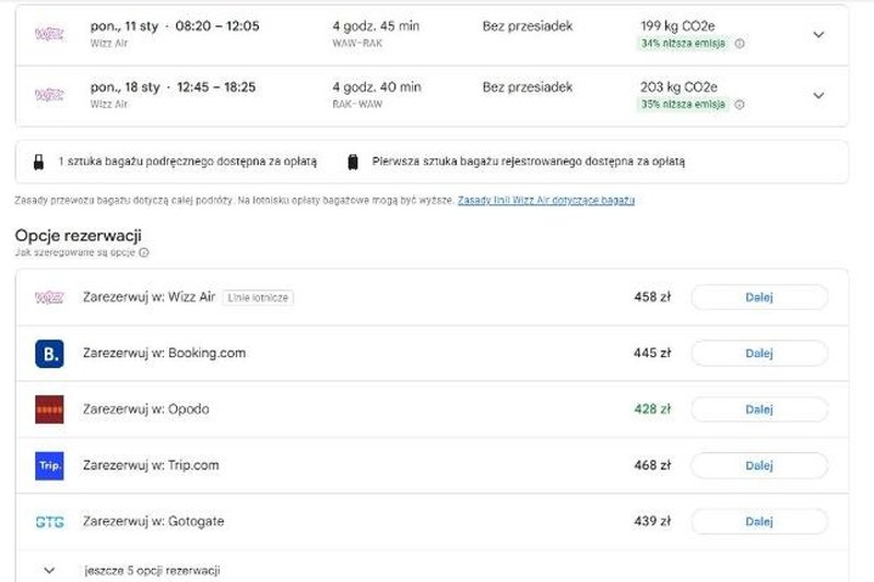 Google Flights: Wizz Air z Warszawy do Marakeszu bez przesiadki, 11 do 18 stycznia 2027, od 428 zł w dwie strony