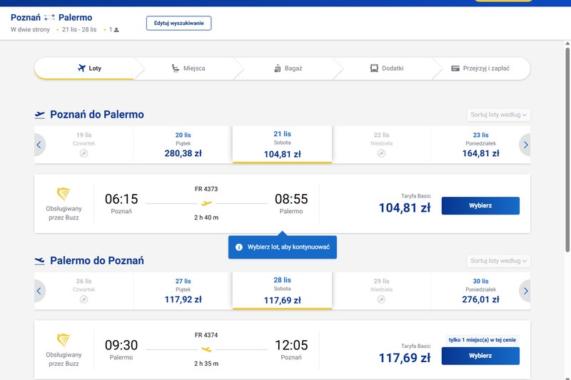 Ryanair Poznań do Palermo, FR 4373 21 listopada i FR 4374 28 listopada 2026, 223 zł w dwie strony