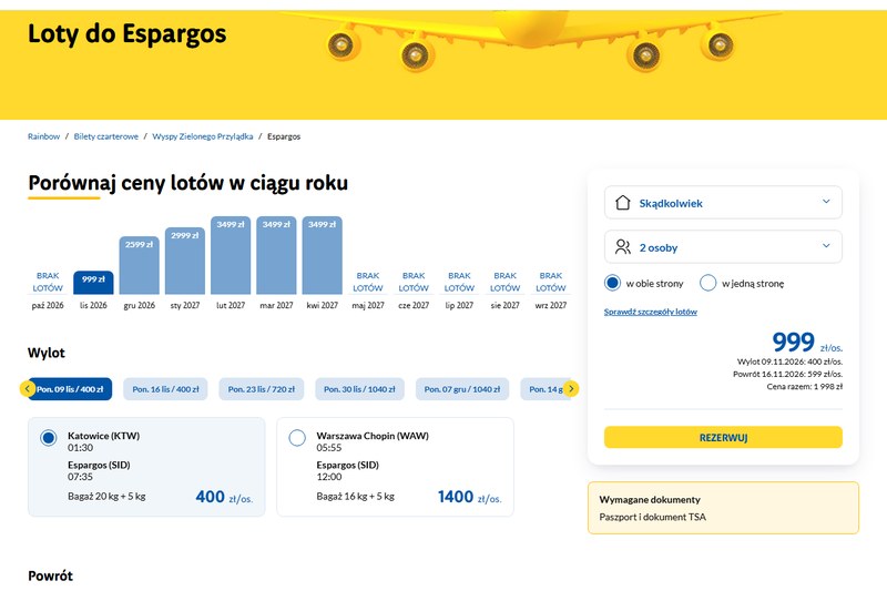 r.pl: czarter Enter Air Katowice do Sal, 9 i 16 listopada 2026, 999 zł od osoby w dwie strony