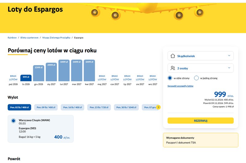 r.pl: czarter Enter Air Warszawa do Sal, 2 i 9 listopada 2026, 999 zł od osoby w dwie strony