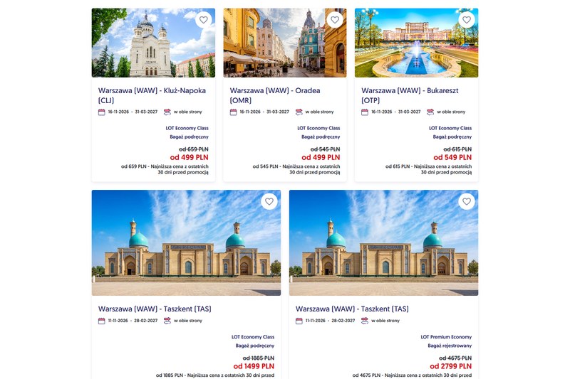 Szalona Środa LOT 21.10.2026: Kluż-Napoka i Oradea od 499 zł, Bukareszt od 549 zł, Taszkent od 1499 zł w obie strony