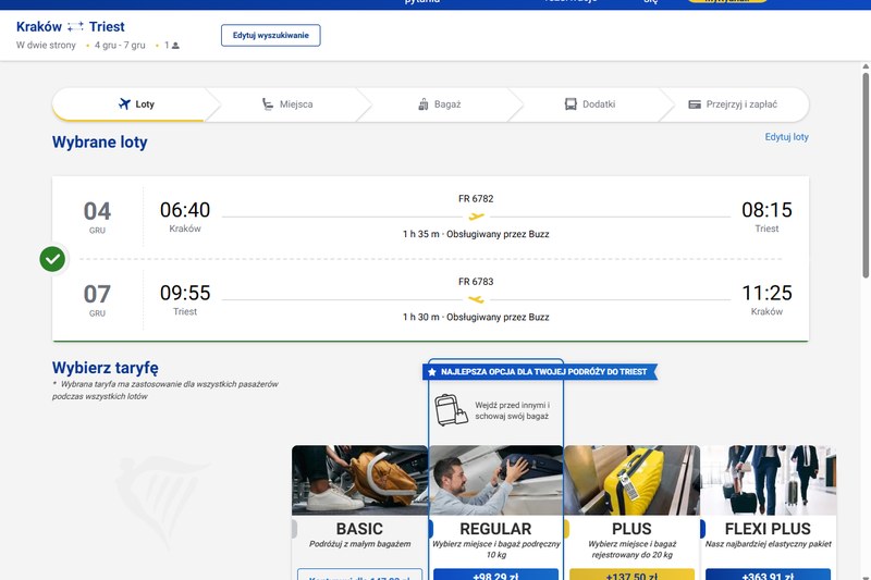 Ryanair z Krakowa do Triestu 4 grudnia i z powrotem 7 grudnia 2026, taryfa Basic, 147,83 zł