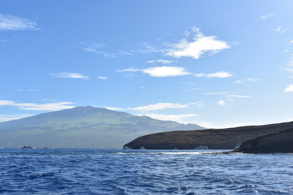 Półksiężyc krateru Molokini na morzu, za nim Maui