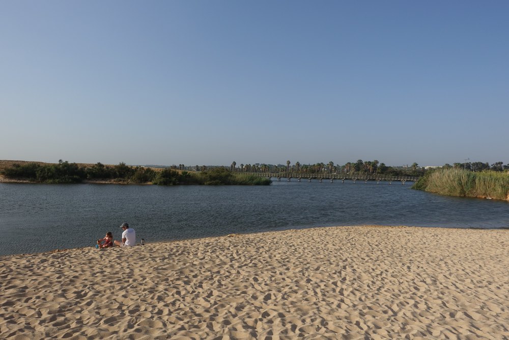 Laguna Salgados za piaszczystą plażą, w tle trzciny i kładka nad wodą