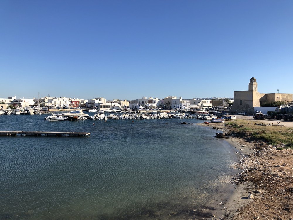 Port w Villanovie z łodziami i kamienną wieżą zamku nad zatoką, wybrzeże gminy Ostuni