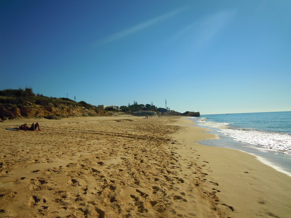 Szeroka plaża Praia da Galé z niskimi klifami i falami, w słońcu