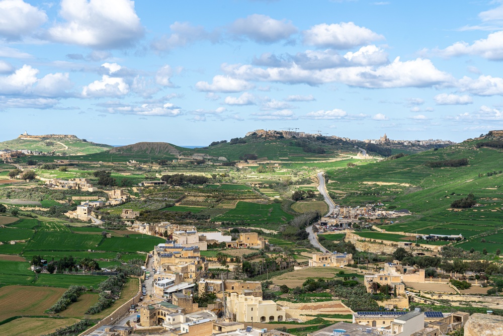 Zielone pola poprzecinane murkami i wiejska zabudowa we wnętrzu Gozo, widok z góry