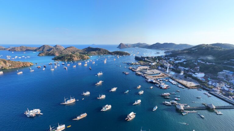 Port w Labuan Bajo z łodziami wycieczkowymi na zatoce, widok z lotu ptaka