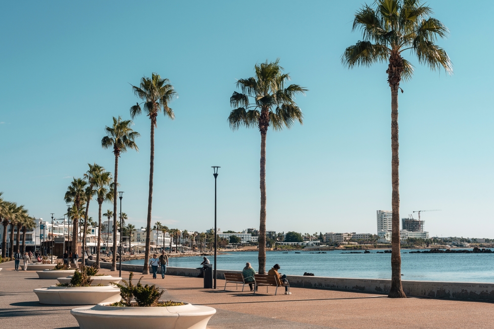 Nadmorska promenada w Pafos z palmami, ławkami i spacerowiczami nad zatoką
