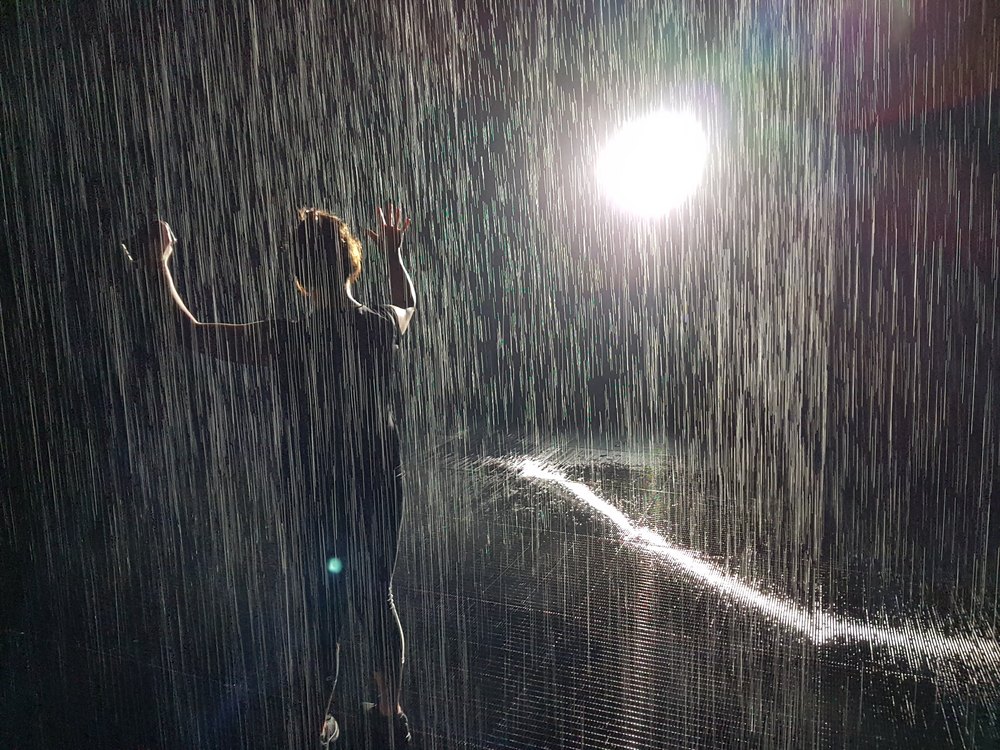 Zwiedzający z uniesionymi rękami w strugach sztucznego deszczu w sali Rain Room w Szardży